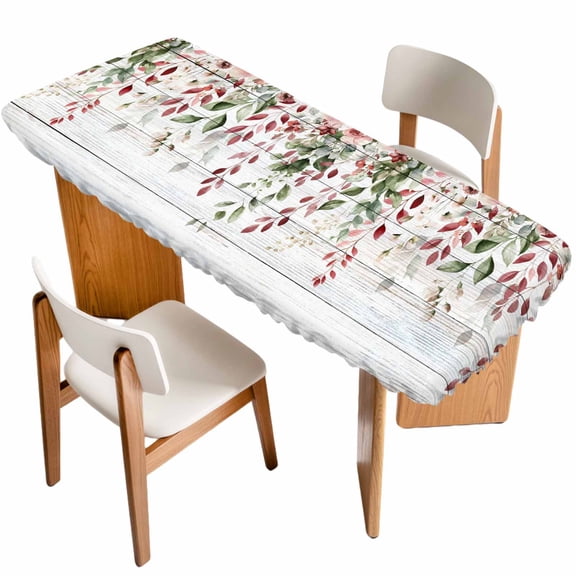 Pink Valentine's Day Table Cloths for 8 Foot Rectangle Tables, Roses Spring Floral Wooden Farmhouse Patio Waterproof Elastic Fitted Tablecloths, Washable Rectangular Table Cover for Camping