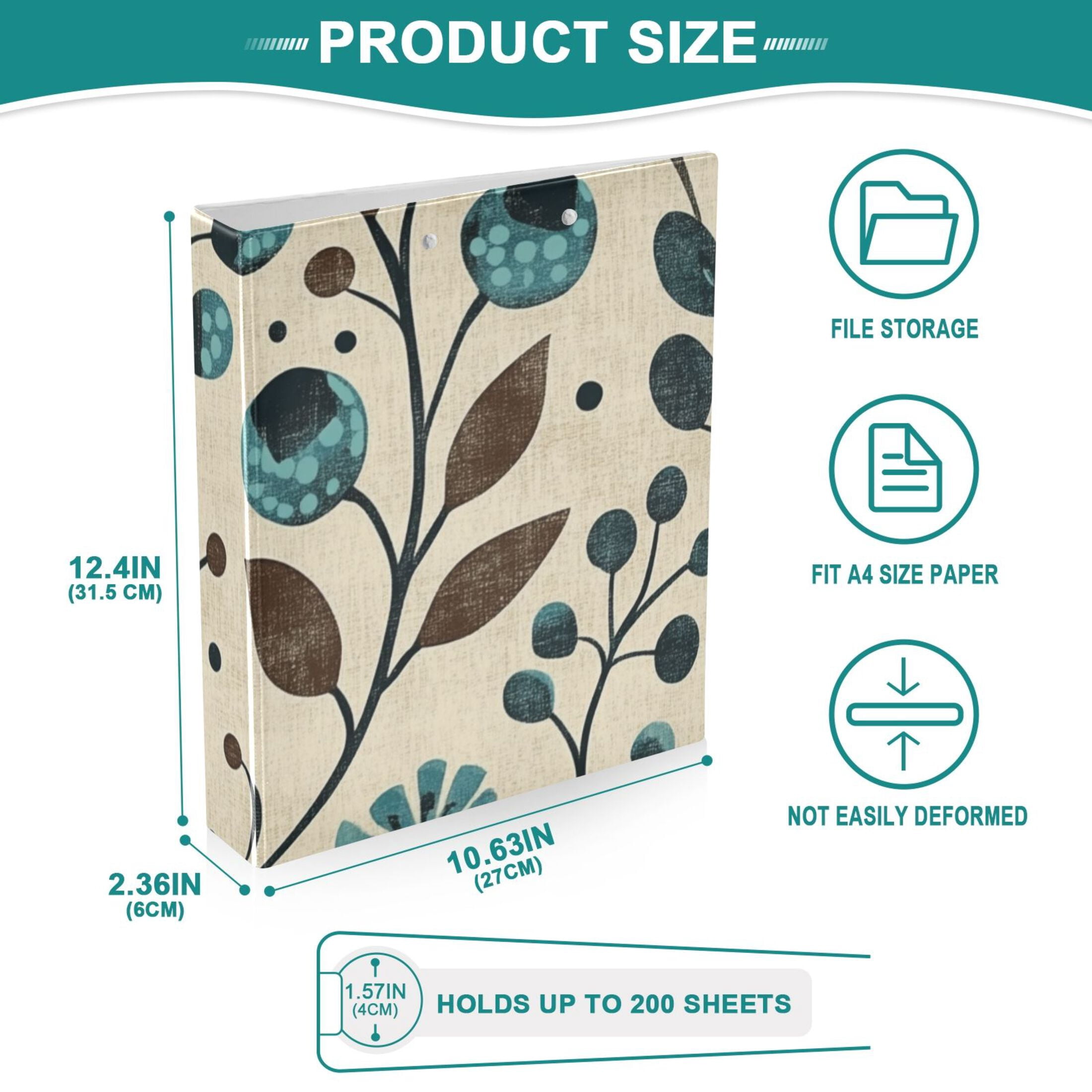 Doodles Leaves Flowers 3 Ring Binders 1.5 inch Hardcover File Folders with Interior Pockets A4 Size Organizer for School Office Hospital
