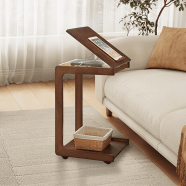 MRFMJ Rustic Wood C-Shaped Rolling End Table,Solid Wood Couch Table with Adjustable Desktop,for Living Room Bedroom,Dark Walnut