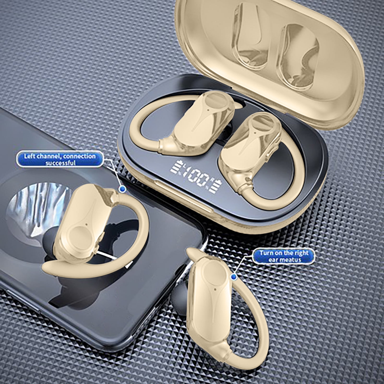 Open Ear Wireless Headphones Bluetooth Sport Headset Ear Clip-On Earbuds with Microphone for Noise Call, IPX6 Water-Resistant, Air Conduction Wireless Headset for Running, Cycling, Driving(Beige)