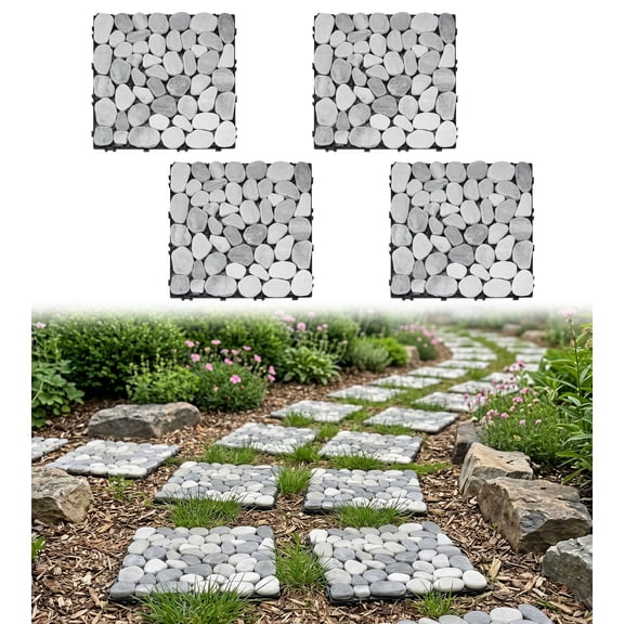 4 Pcs Interlocking Stepping Stones Outdoor for Garden 11.8", Outside Square Pavers for Landscaping, Pebble River Stone Mat for Yard Lawn Patio Pathway Walkway, DIY Landscape Decor - Light Grey