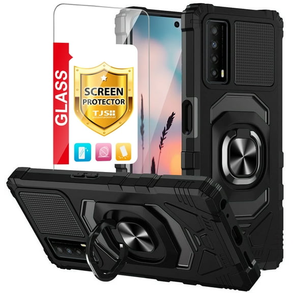 TJS for AT&T Maestro 3 Phone Case, with Tempered Glass Screen Protector, [Military Grade] Robotic Magnetic Support Car Mount Metal Ring Holder Kickstand Cover (Black)