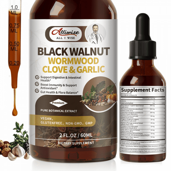 Black Walnut Wormwood Tincture – Rapid Gut Cleanse & Digestive Health with Oregano Garlic & Berberine, Wormwood Organic Tincture - Vegan & Sugar Free - 2 fl oz