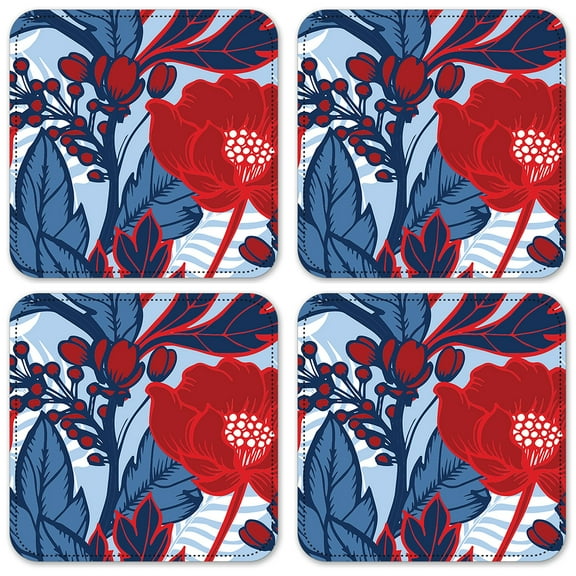 Vinyl Drink Coasters - Set of 4 - Red & Blue Flowers