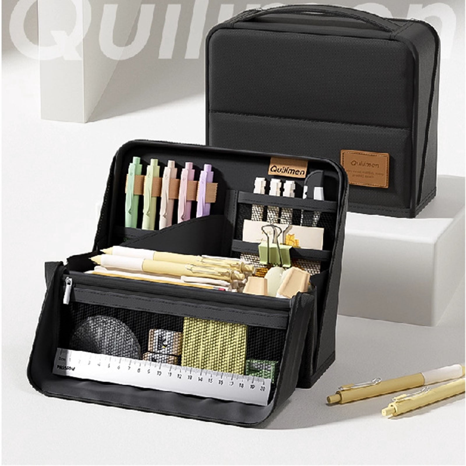 BNNG Standing Pencil Case Large Capacity Zippered Pen Bag, Multi-Layer Pen Pouch Pencil Holder Stationery Organizer, Polyester Pencil Bag Storage Box Desk Organizer