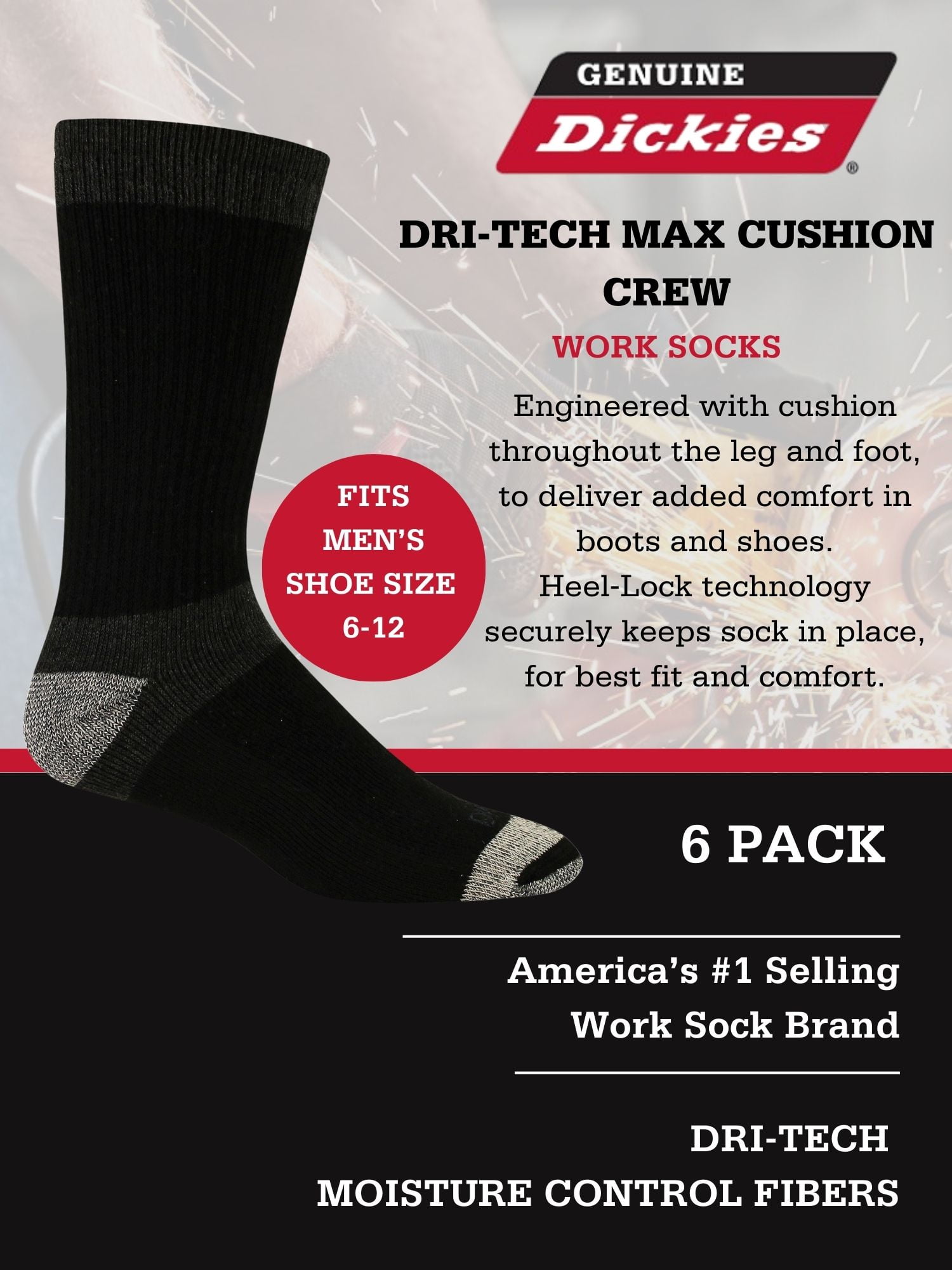 Genuine Dickies Men's Max Cushion Crew Sock, 6 Pack Black Size 6-12