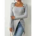 thumbnail image 3 of Ribbed Button Decor Asymmetrical Hem T-Shirt, Casual Long Sleeve Top For Spring & Fall, Women's Clothing, 3 of 6