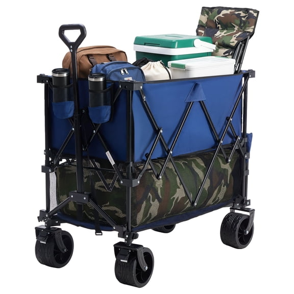 EDX Heavy‑Duty Folding Wagon Cart with 54‑inch Rack, Double‑Decker Collapsible Wagon for Camping and Beach, 440 lbs Capacity, Blue