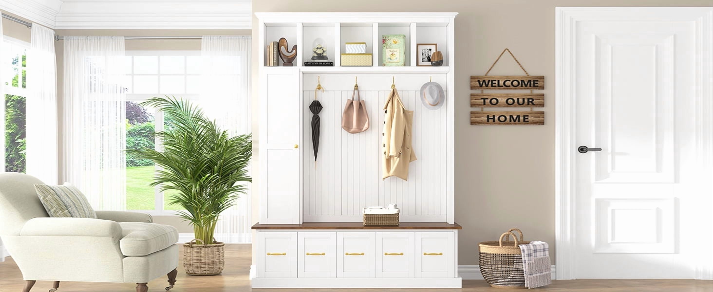 Mintazer 78.7” Tall Farmhouse Entryway Hall Tree with Coat Rack Hooks, 2 Closet, 5 Drawers & Shoe Storage Bench for Living Room, Bedroom, Hallway, White
