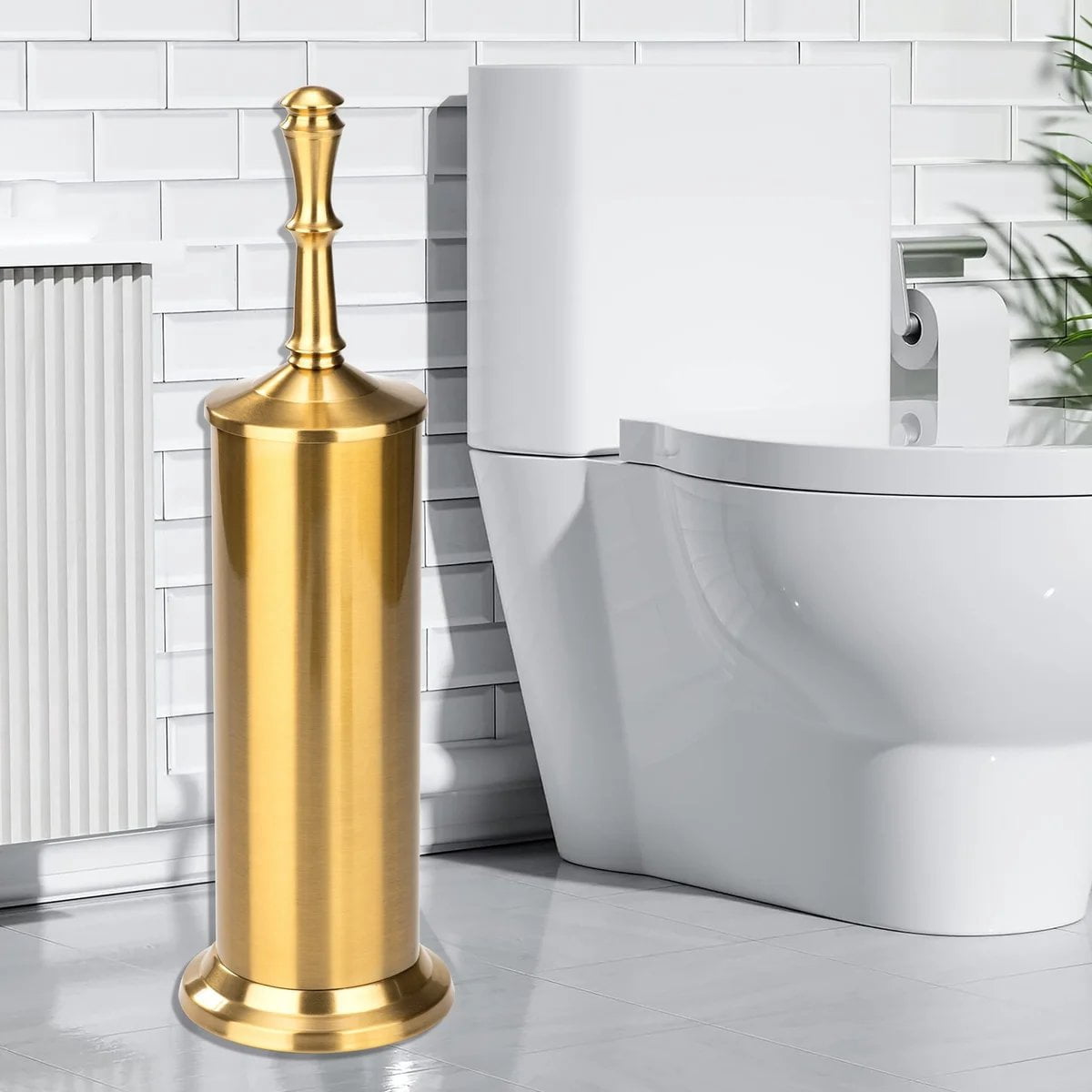 J&V TEXTILES Indsutrial Toilet Brush, Toilet Bowl Brush with Extra Long Handle Durable Bristles Toilet Scrubber and Covered Holder for Toilet Brush Set Aged Brass