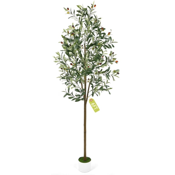 Faux Olive Tree 6FT, Artificial Olive Trees with Natural Trunk and Realistic 795 Leaves and 44 Fruits, Faux Olive Silk Tree for Indoor, Large Olive Plants with White Planter for Office Home Decor