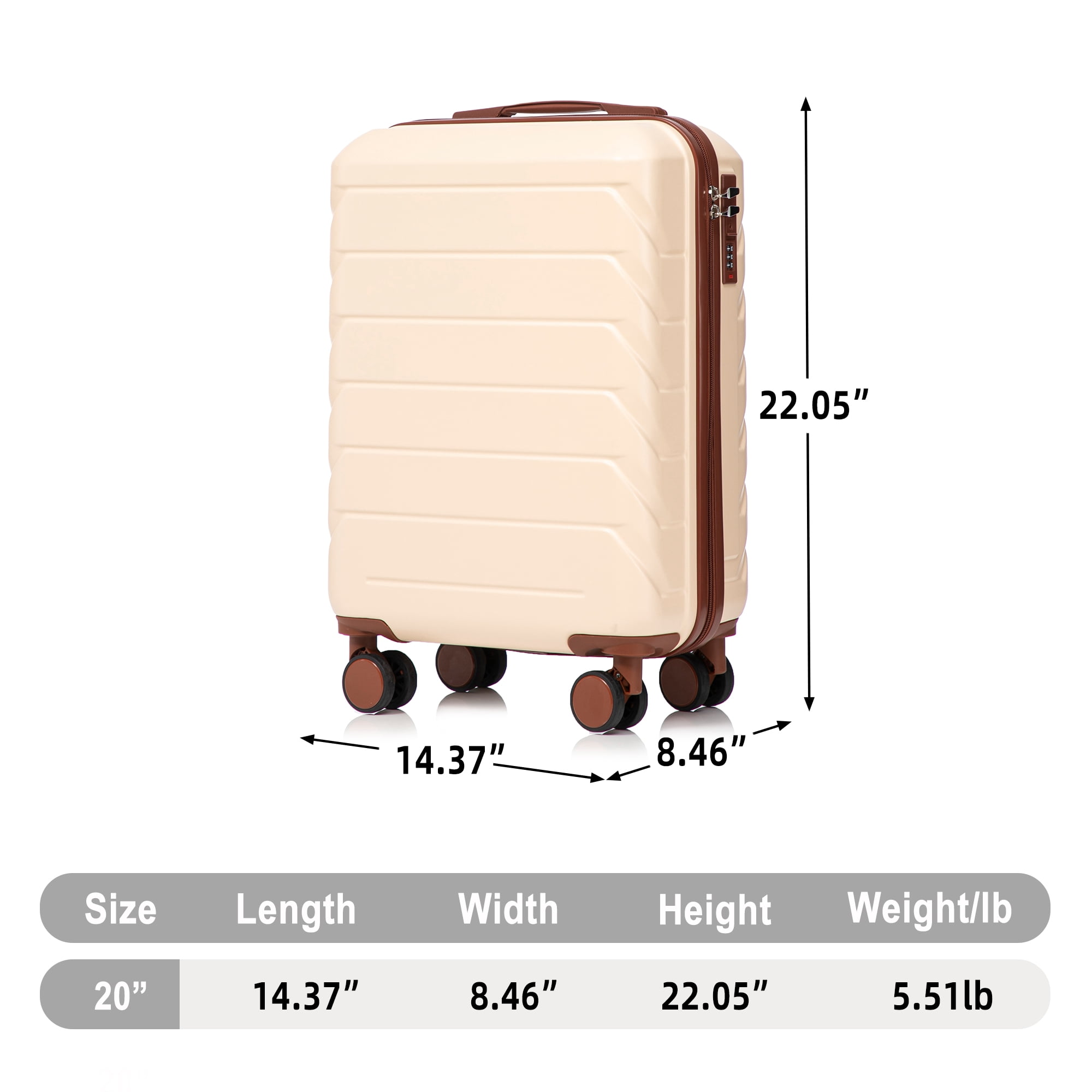 20 Inch ABS Hard Shell Carry-On Luggage, Airline Approved, Scratch Resistant, 4 Spinner Wheels, Built-in Combination Lock, Lightweight Waterproof Suitcase (Beige)