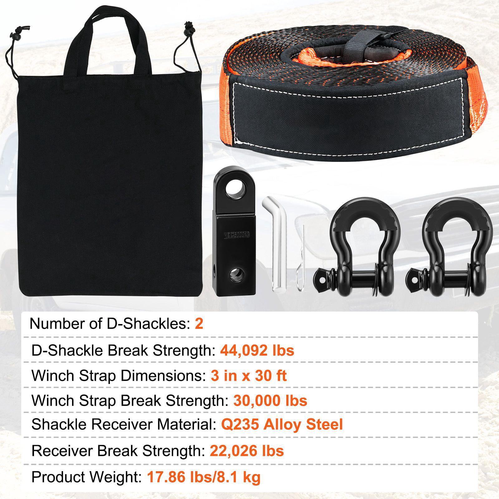 Heavy Duty Off Road Recovery Kit 3x30 Winch Tow Strap 30000 lbs with D Ring Shackles 44092 lbs Shackle Receiver Storage Bag for ATV Jeep Truck