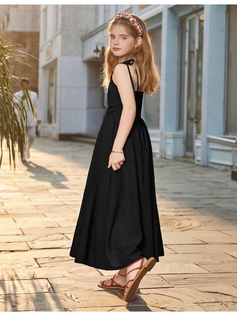 beach dress teenager Oudiya Girls Summer Maxi Spaghetti Strap Ruched Flowy Boho Casual Teen Girl Party Sundress 6-14Y Fit&Flare Blue Ruffle Plus Size Size:US 13 / EU 46 All Season Wedding dress for