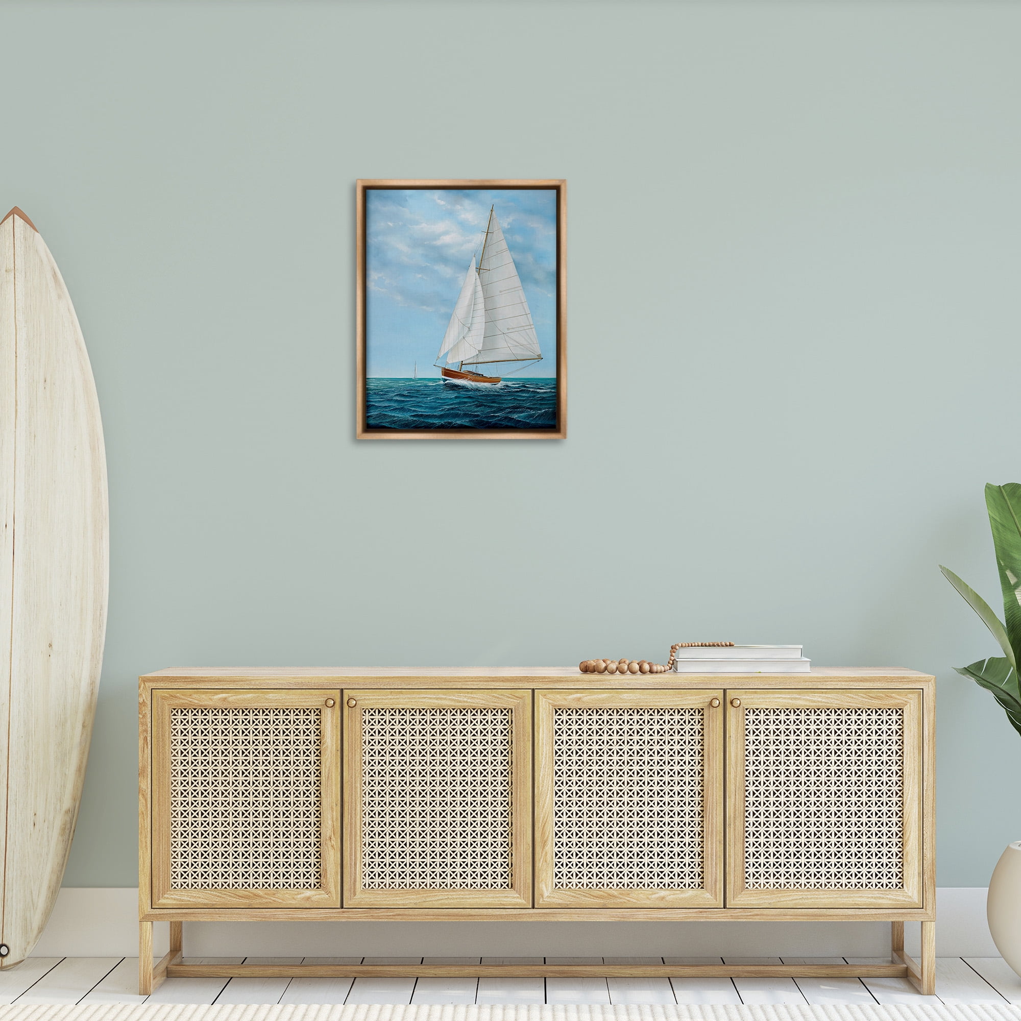 Stupell Industries Nautical Sailboat Waves Transportation Painting Brown Floater Framed Canvas Art Print Wall Art, 25 x 31
