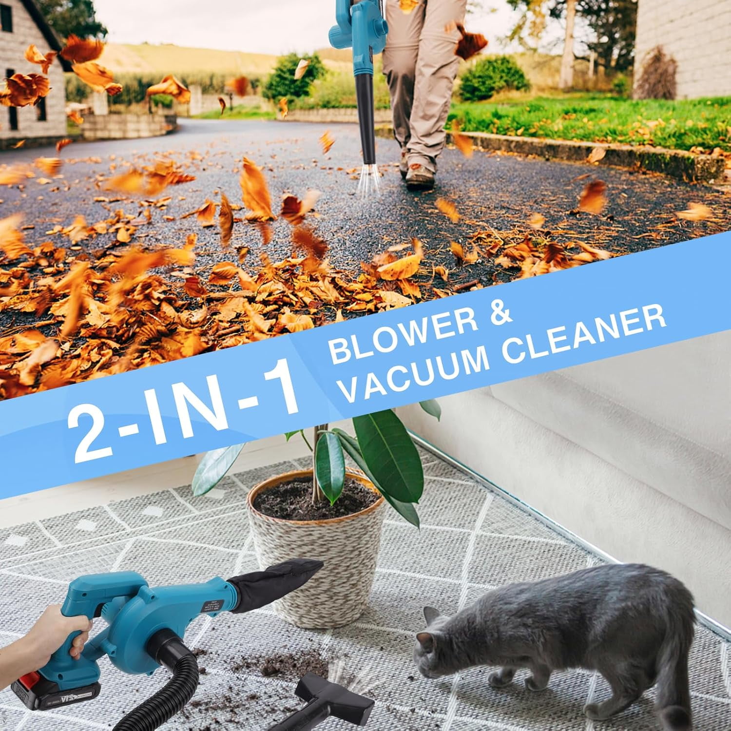 2-in-1 Leaf Blower Cordless & Handheld Vacuum Cleaner Battery Powered - Come with 21V 2 Batteries and Charger - Stepless Speed Control for Lawn Care, Dust Snow Blowing