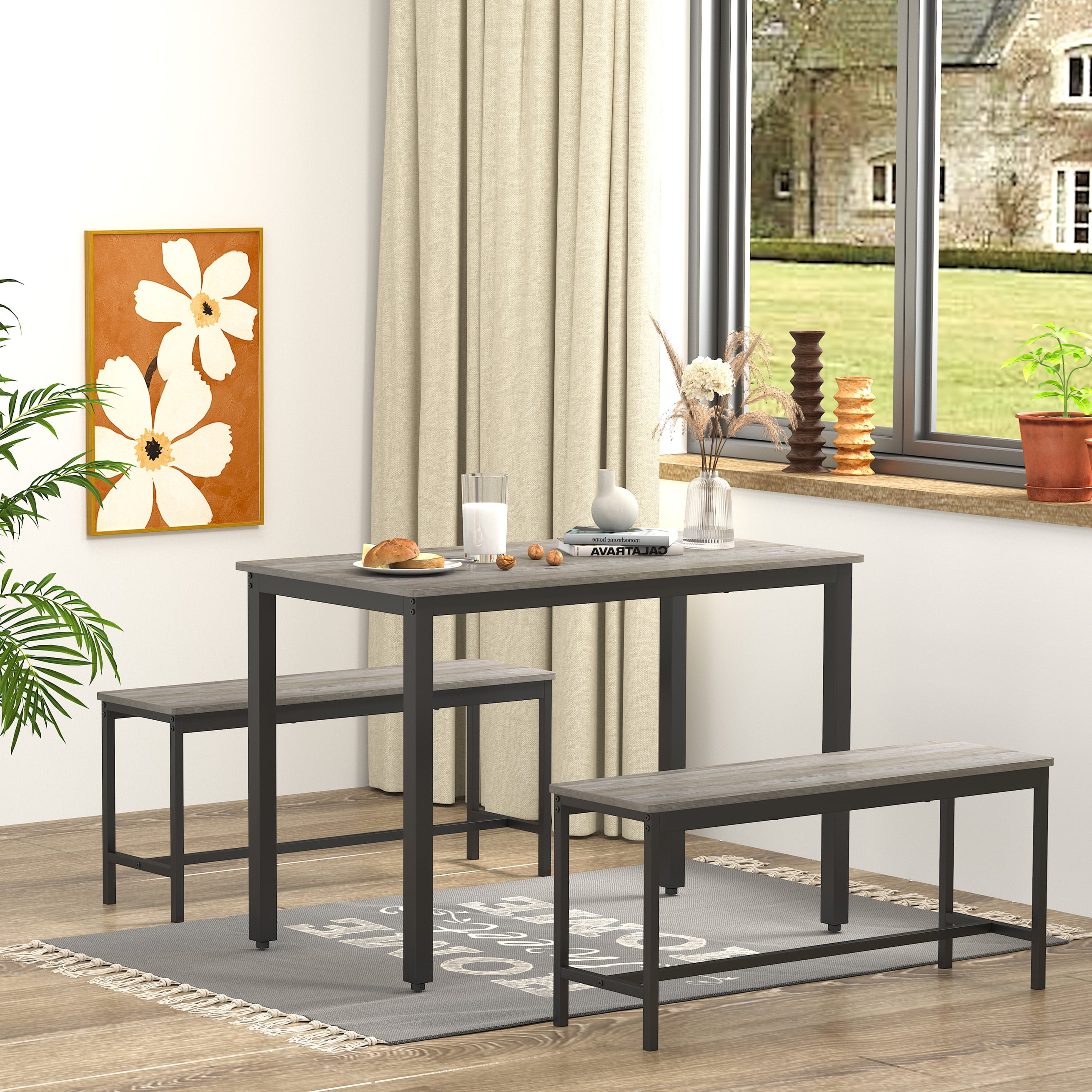 Aukfa 43.3" Dining Table Set for 3, Small Kitchen Table Set with 2 Benches for Living Room
