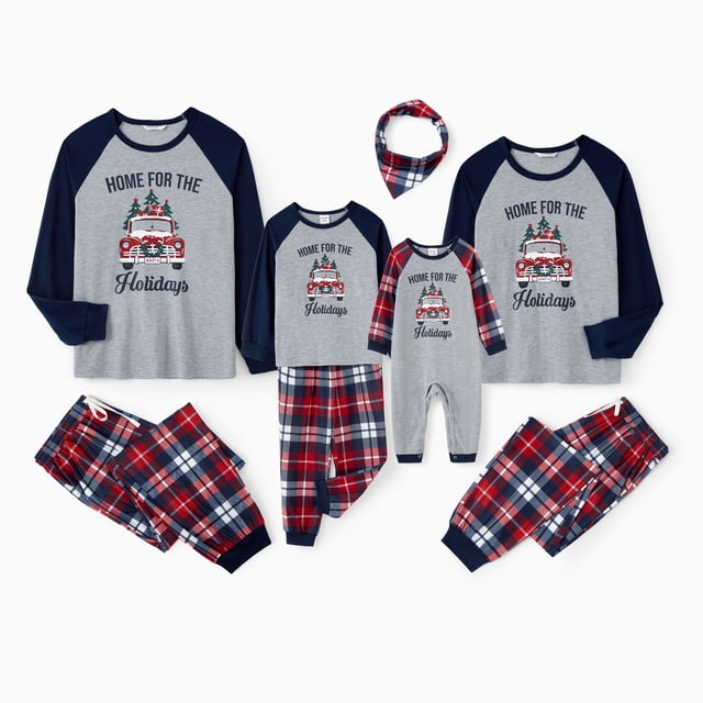 Conjuntos de pijamas navideños para la familia, mangas raglán, árbol, camión de reparto, pantalones a cuadros con gráfico, cordón y bolsillos