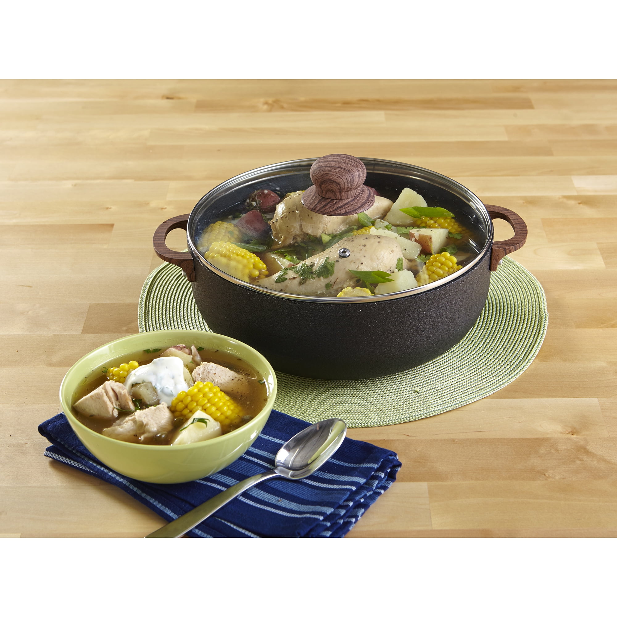 IMUSA 13.5qt Black Stone Aluminum Speckled Nonstick Caldero with Glass Lid & Wood Look Handles, Black