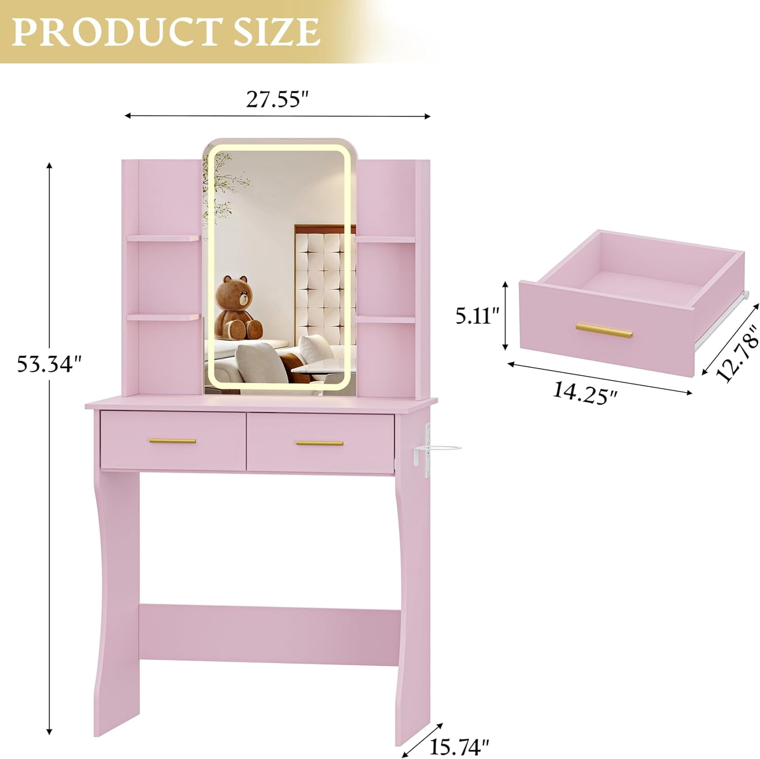 FANRAL Vanity Desk with LED Lighted Mirror and Power Outlet,Makeup Vanity Table with Storage Drawers,3 Lighting Modes and Adjustable Brightness,Dressing Table for Bedroom,Pink Vanity
