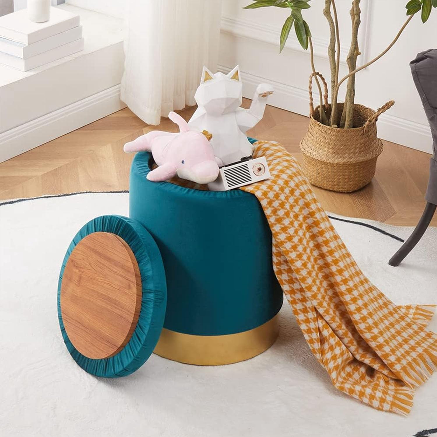Casa Pura Furniture Elegant Storage Ottoman with Decorative Wooden Lid Modern Stylish Storage Solution for Living Room, Bedroom, and More