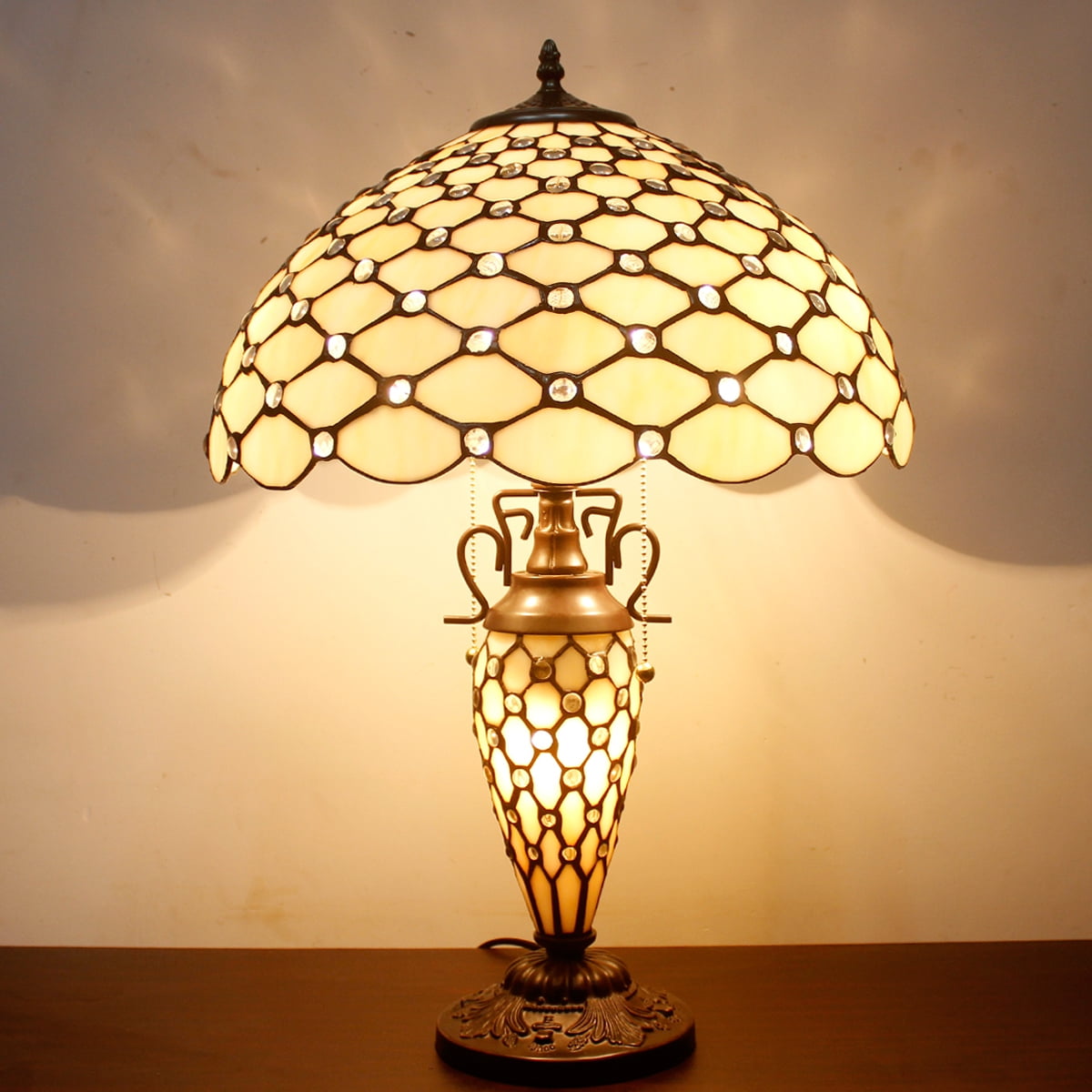 Tiffany Style Table Lamp W16H24 Inch Tall Stained Glass Crystal Pear Bead Lampshade Antique Night Light Base S005  LAMPS Lover Living Room Bedroom Office Study Reading Desk Nightstand Gifts