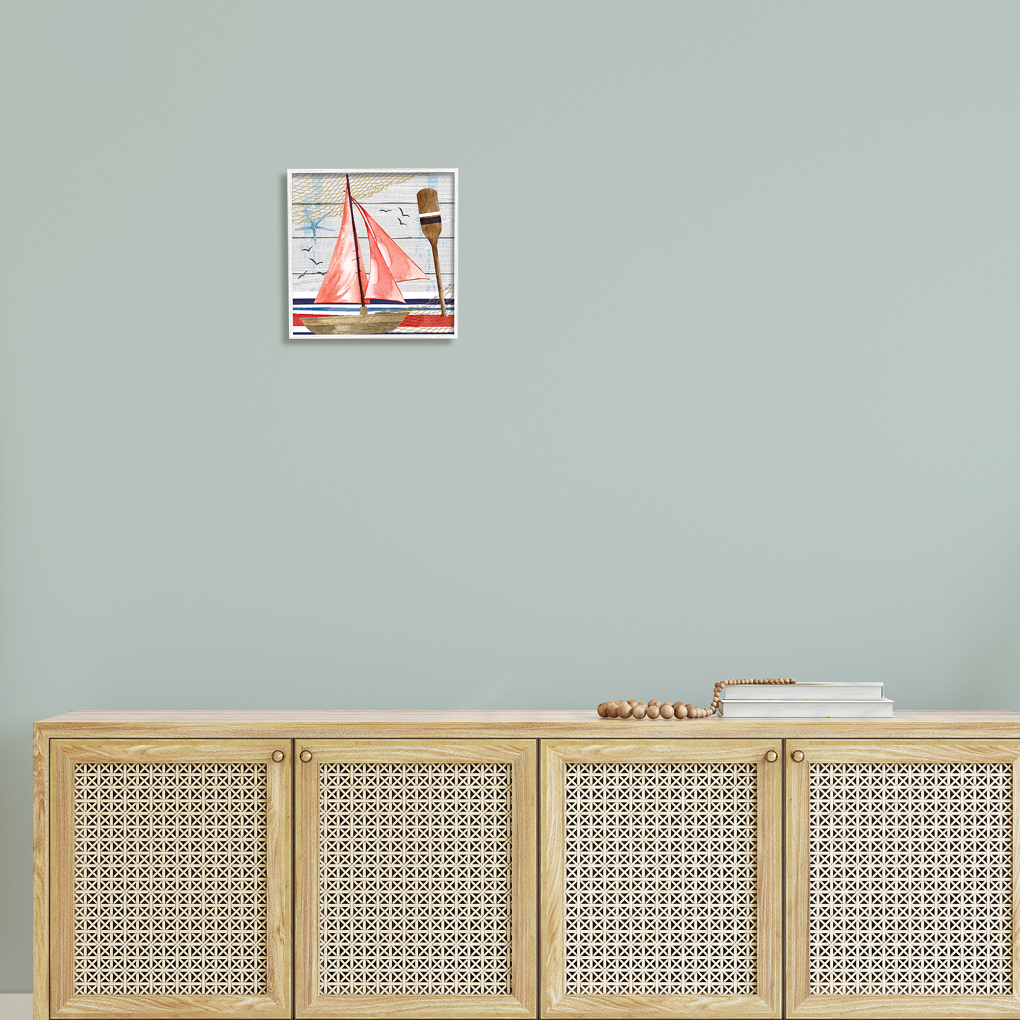 Stupell Coastal Plank Pattern Sailboat Landscape Painting White Framed Art Print Wall Art