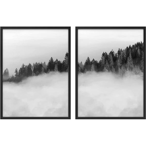 PixonSign Framed Wall Art Collage Print Gallery Set Trees Peek Through Forest Nature Wilderness Photography Realism Rustic Landscape Black and White for Living Room, Bedroom, Office - 12"x16"x2 BLACK