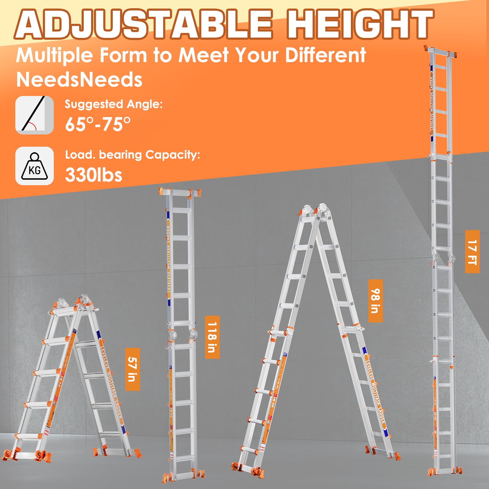 LEVELEVE 17FT Multi Position Ladder,A Frame 5 Step Ladder with Stabilizer Bar & Wheels,332 lbs Security Load Extension Ladder for Stairs Home Indoor Outdoor Roof