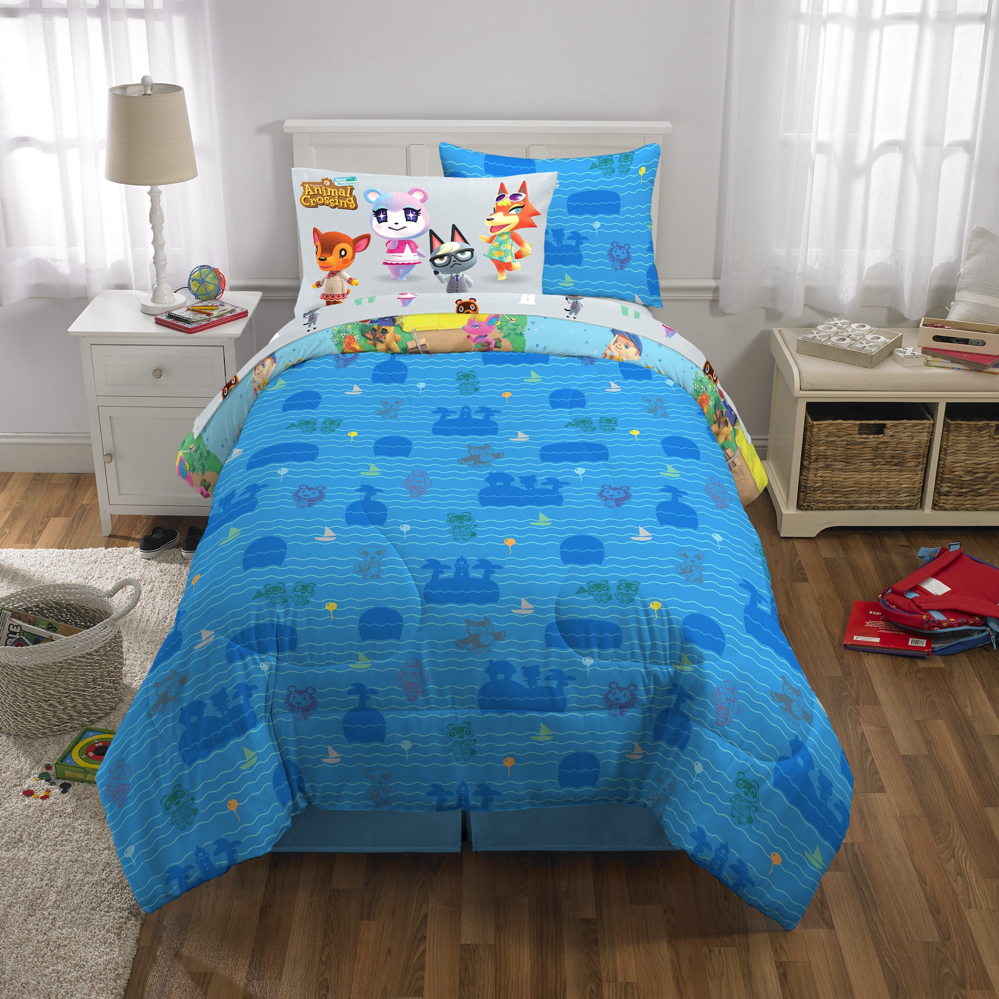 Animal Crossing Kids Twin Bed in a Bag, Comforter Sheet Set and Bonus Tote, Blue, Nintendo