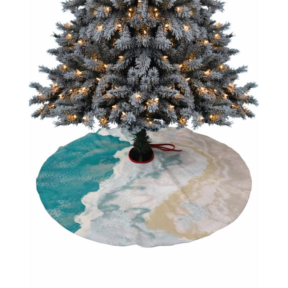 Beach Coastal Christmas Tree Skirt 36 Inches Large Christmas Skirt Tree, Summer Nautical Boho Teal Beige Abstract Art Tree Skirt Christmas Decorations for Fireplace Party Holidays Indoor Outdoor