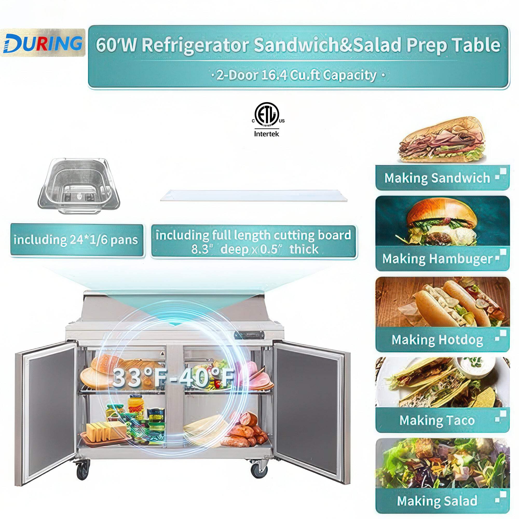 DURING D-KSR-60BM 60" 2 Door Commercial Mega Top Sandwich & Salad Prep Table Refrigerator