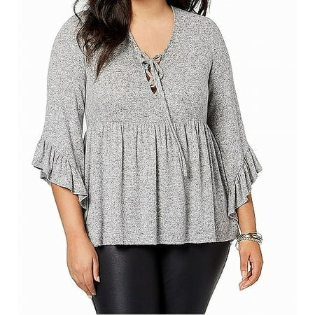 Soprano Trendy Plus Size Lace Up Babydoll Sweater Charcoal Grey 1X