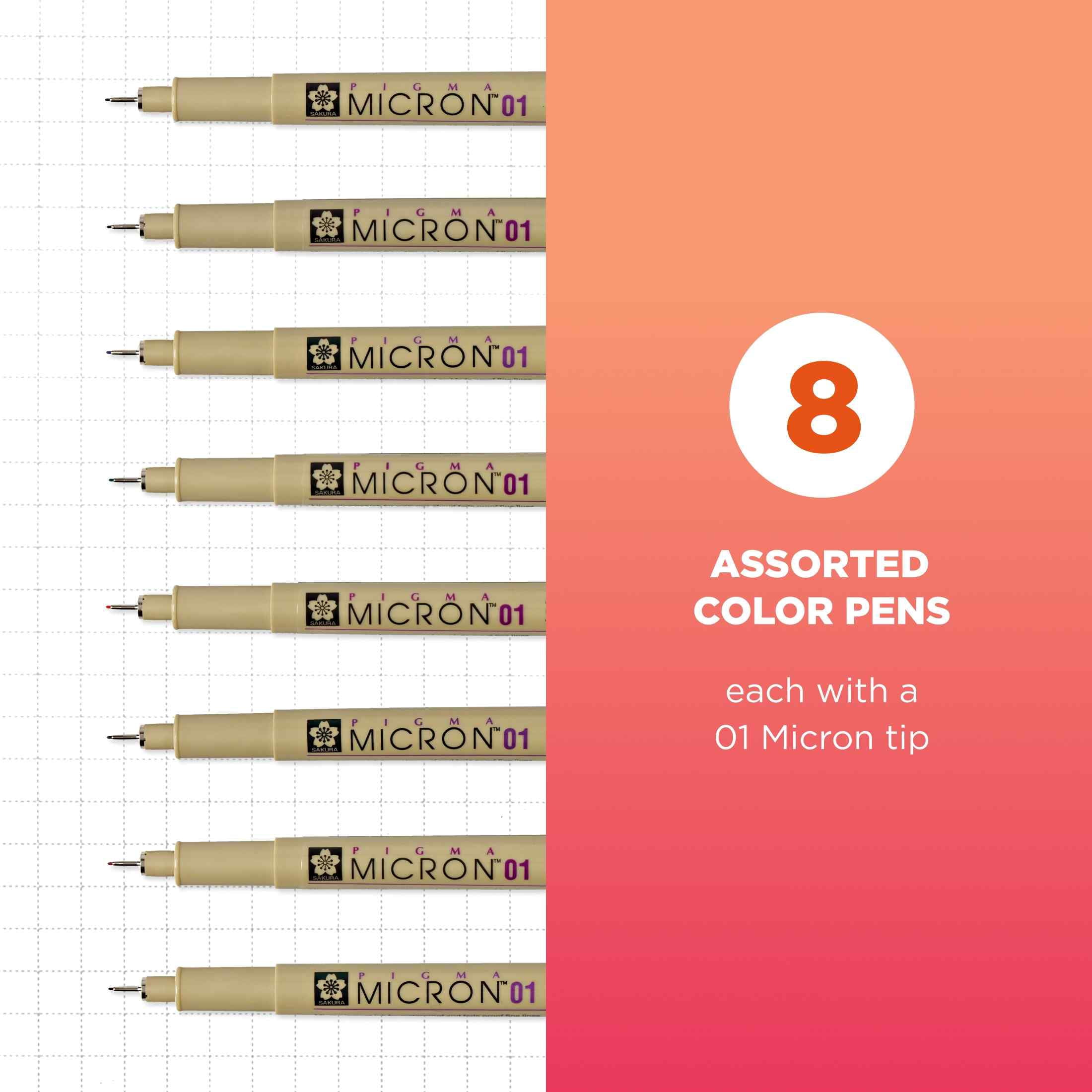 Sakura Pigma Micron Fineliner Pens - Archival Black and Colored Ink Pens - For Writing, Drawing, or Journaling - Black and Colored Ink - 01 Point Size - 8 Pack