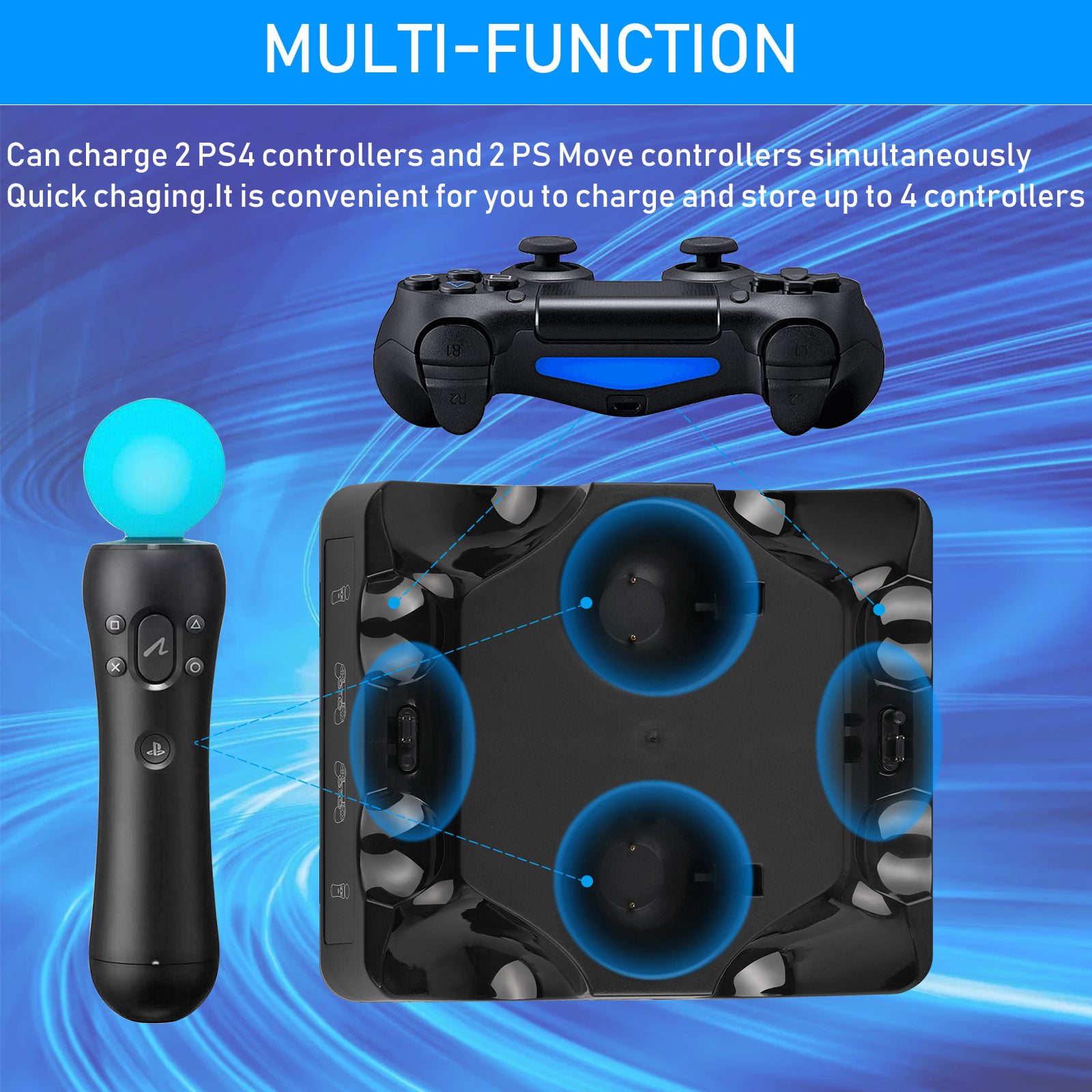 4-in-1 Controller Charging Station Stand for Playstation PS4/MOVE/PS4 VR Move, EEEkit Quad Charger for PS4 Move Controller VR Move, Black - Walmart.com