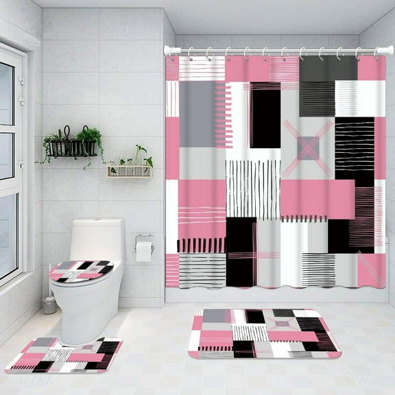 All Smiles Shower Curtain Sets Bathroom Sets with Shower Curtain and Rugs Accessories with Non-Slip Rugs Toilet Lid Cover and Bath Mat,Pink
