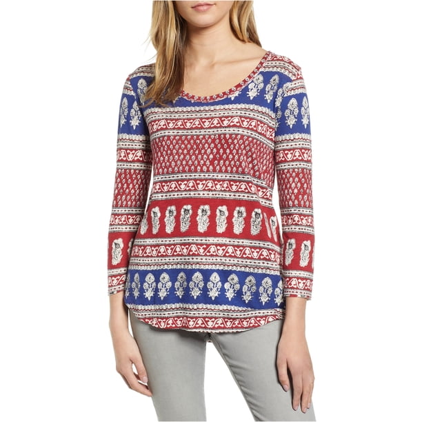 Lucky Brand Camiseta básica con estampado completo para mujer, rojo, grande Lucky Brand Camiseta básica