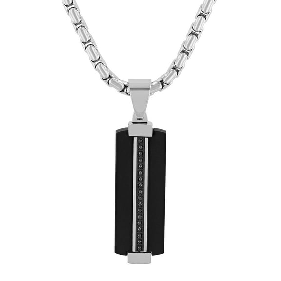Men's 1/10 ctw Black Diamond Stainless Steel Skinny Dog Tag Pendant Necklace