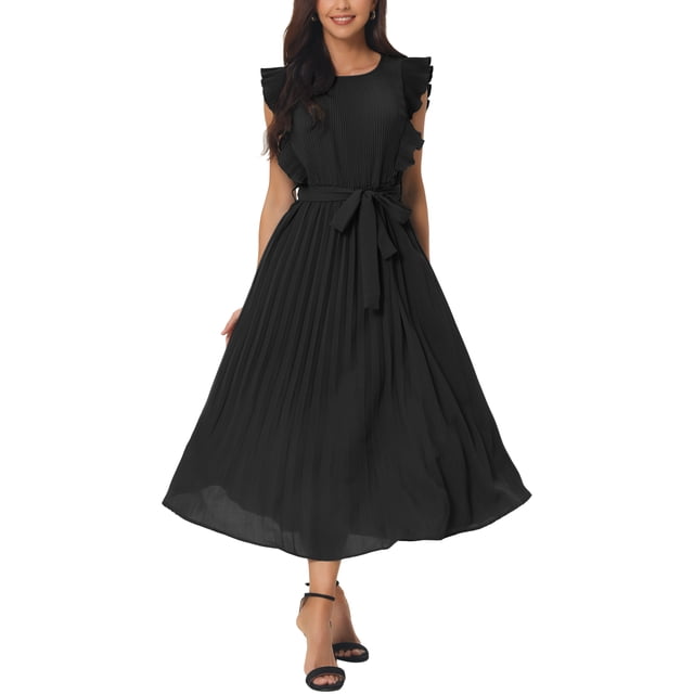 Vestido midi casual sin mangas con volantes para mujer Inspire Chic, cuello redondo, plisado, fluido y con cinturón, color negro