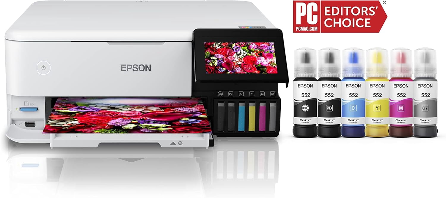 Epson EcoTank Photo ET-8500 Wireless Color All-in-One Supertank Printer with Scanner Copier, Ethernet and 4.3-inch Colorfull Touchscreen - White (Sold without manufacturer warranty)
