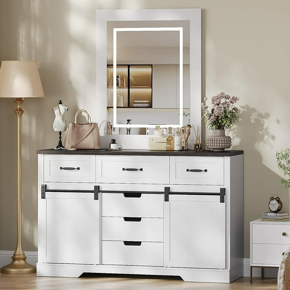 6 Drawers Dresser with Mirror,Farmhouse Modern Makeup Vanity with Sliding Barn Doors, Spacious Storage Chest for Bedroom & Living Room, White