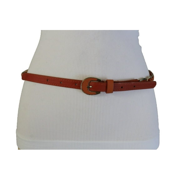 Women Narrow Gold Metal Links Buckle Skinny Orange Waistband Fashion Belt S M