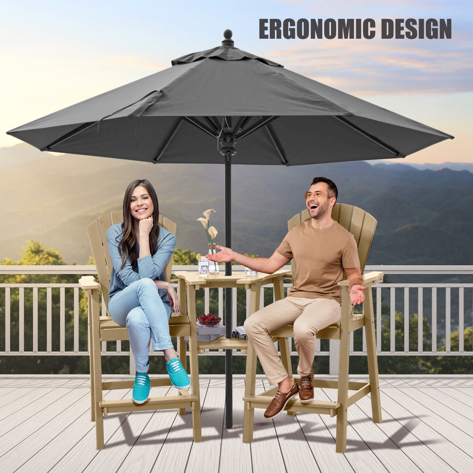 Tall Adirondack Chairs Set of 2，Outdoor Adirondack Barstools with Double Connecting Tray Patio Stools Weather Resistant for Outdoor Deck Lawn Pool Backyard, Brown