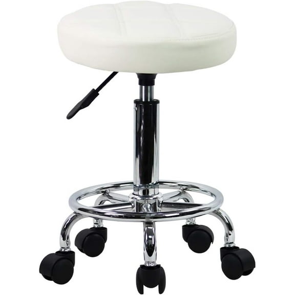 Round Rolling Stool Chair PU Leather Height Adjustable Swivel Drafting Work SPA Shop Medical Salon Stools with Wheels Office Chair Small (White)