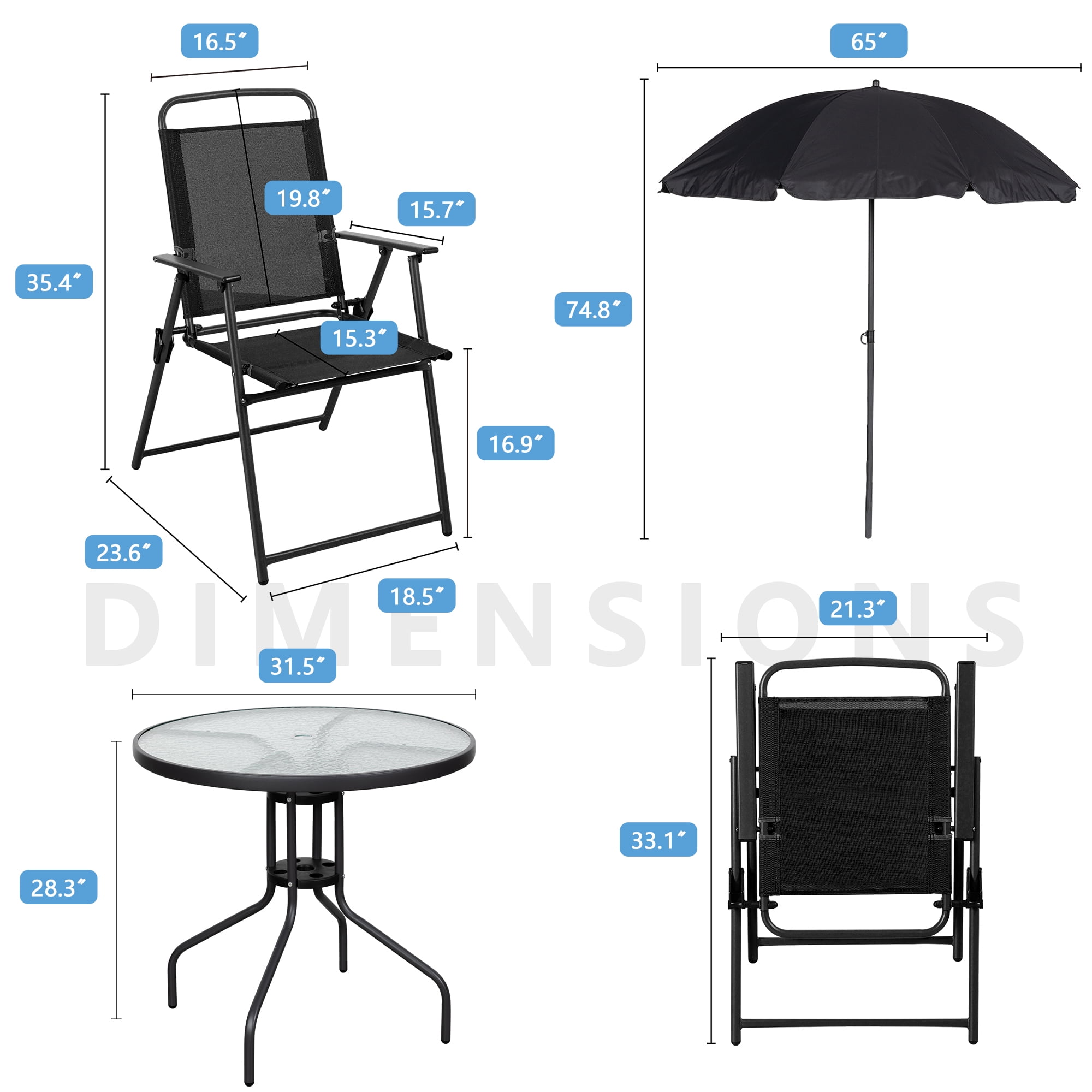 Sobaniilo 6 Piece Folding Outdoor Dining Set with Tilt Umbrella, Metal Patio Garden Patio Furniture Table and Folding Chair Set, Black