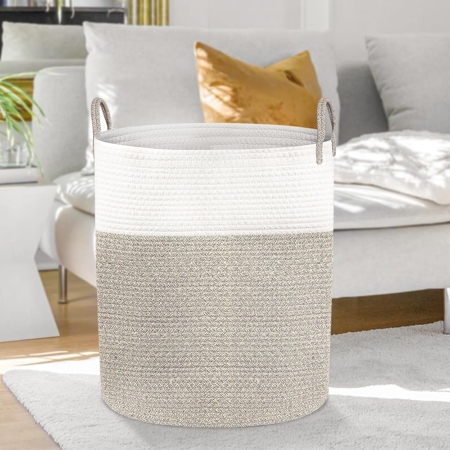 Laundry Basket Large Woven Rope Laundry Hamper 60L Foldable Tall Storage Basket with Handle for Decor Storage of Dirty Clothes Toys and Blankets in Bathroom Bedroom Living Room White & Brown
