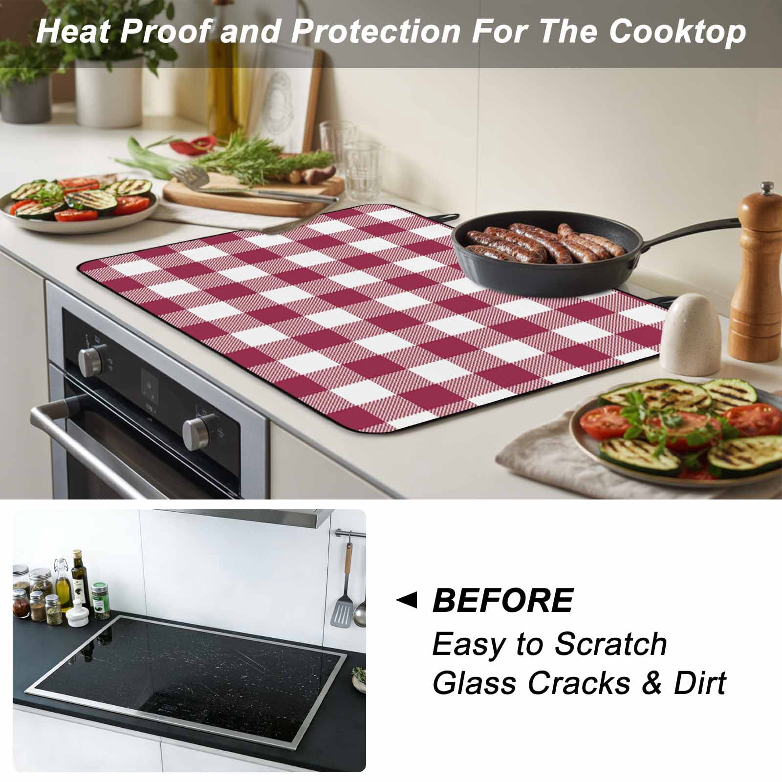 Plaid Red, Stove Top Cover for Electric Stove, Heat-proof & Non Slip Glass Top Stove Cover Protector, Abstract Minimalistic Geometric Lattice Kitchen Flat Cooktop Rubber Mat 31x24 Inches