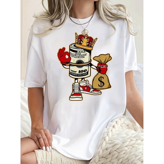 Camiseta moderna con estampado de corona y dinero para mujer: cuello redondo, manga corta, algodón elástico, lavable a máquina, ideal para verano y para deportes de ocio.