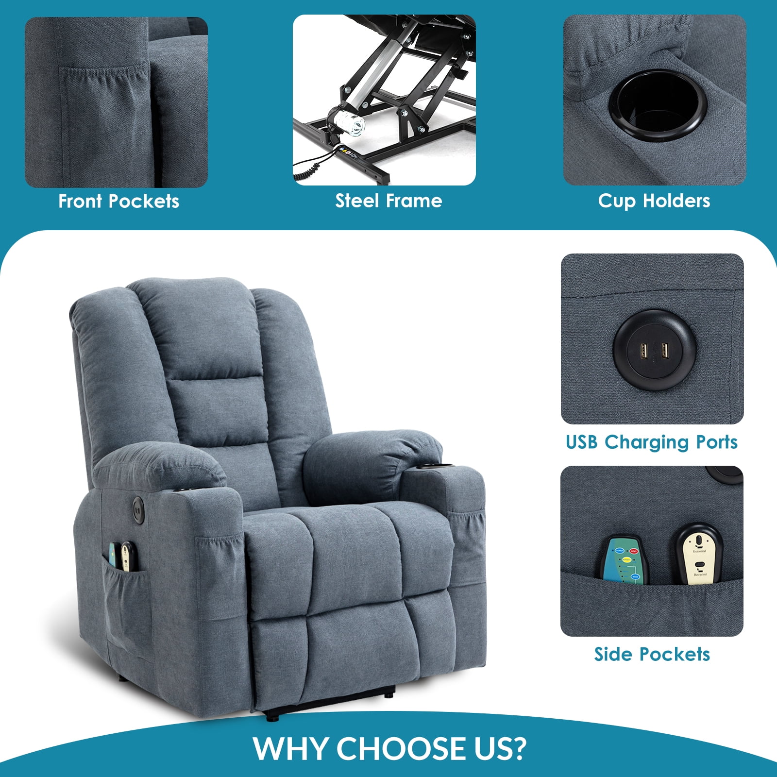OUINCH Power Lift Recliner Chair with Massage & Heat, USB Ports, Cup Holders, Blue