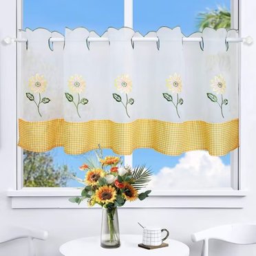 ZH.H Rideau en Dentelle Florale Brodée, Voile Transparent à Empiècements, Rideau de Cuisine, Habillage de Fenêtre, Déco, Cantonnière 59x17 Po, Blanc